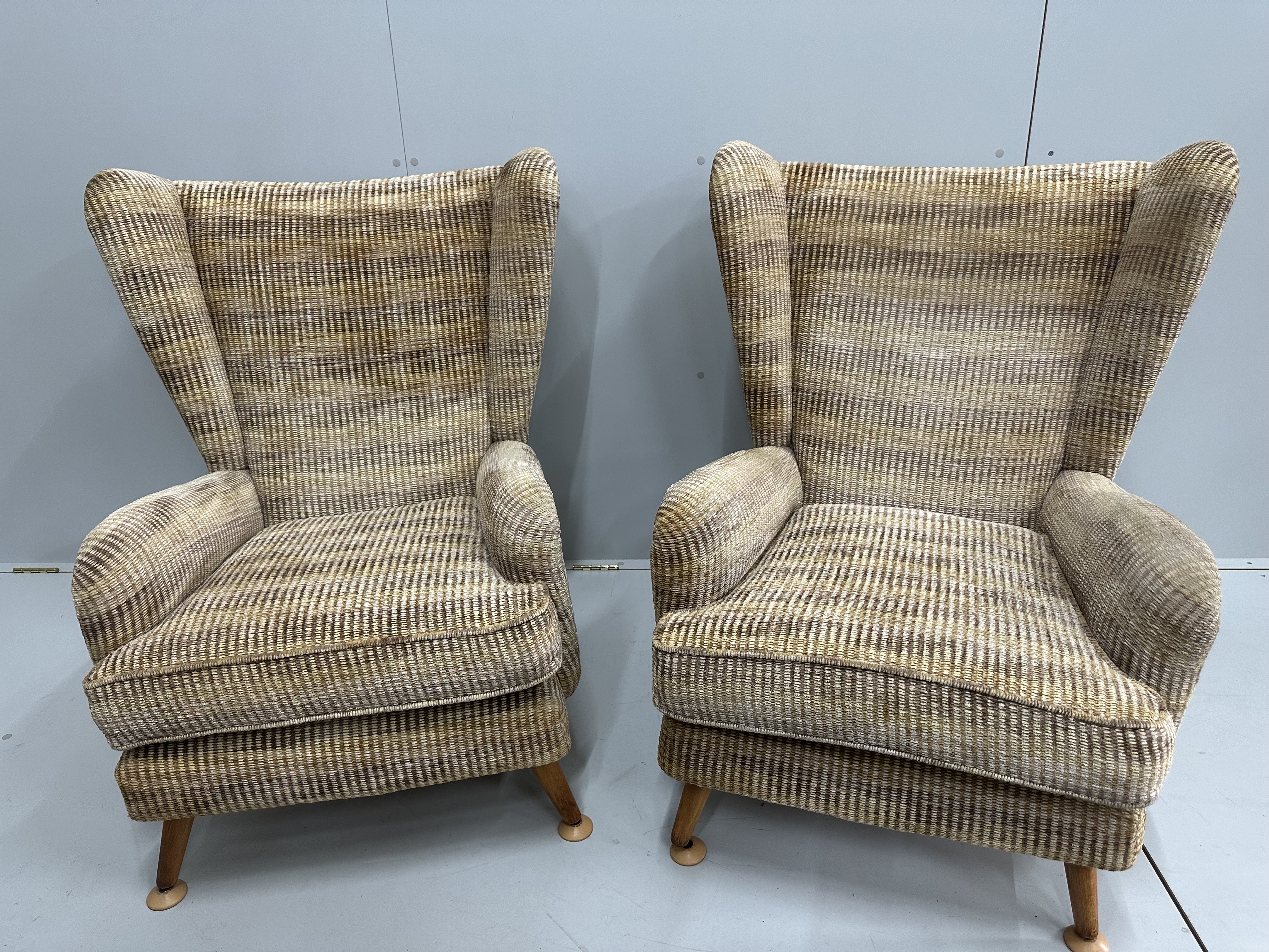 A pair of mid century Howard Keith Fanfare armchairs, width 75cm, depth 90cm, height 95cm
